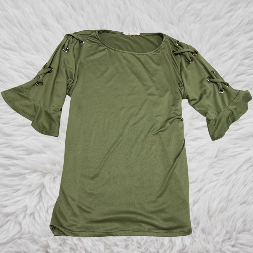 Olive Green Lace-Up Sleeve Blouse